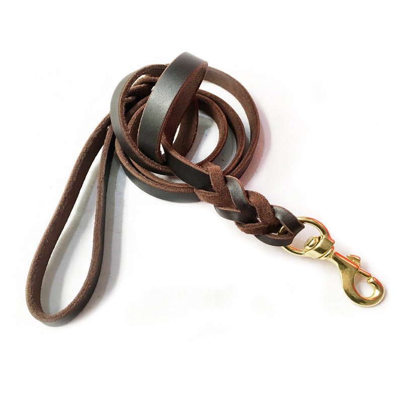 Leather Dog Training Chain Leash – 2-Meter Widened Traction Rope for Medium & Large Dogs