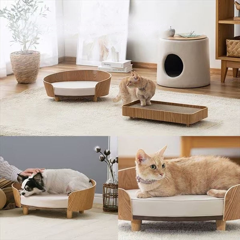 Elegant Deluxe Wooden Pet Bed with Soft Cushion – Elevated Cat Nest & Small Dog Sofa for Stylish Comfort