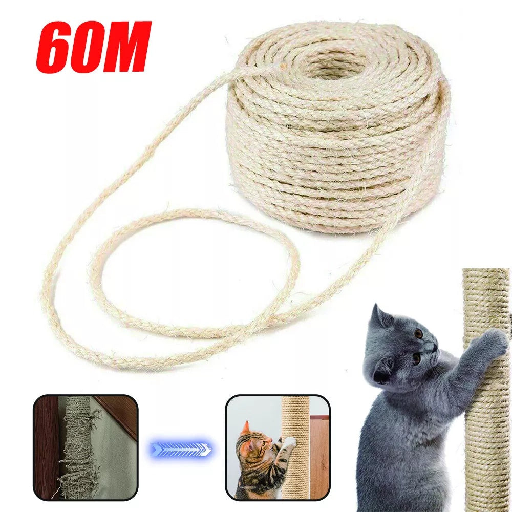 60m Natural Sisal Rope for Cat Scratching Posts – DIY Repair & Furniture Protection Rope (5mm Thick)