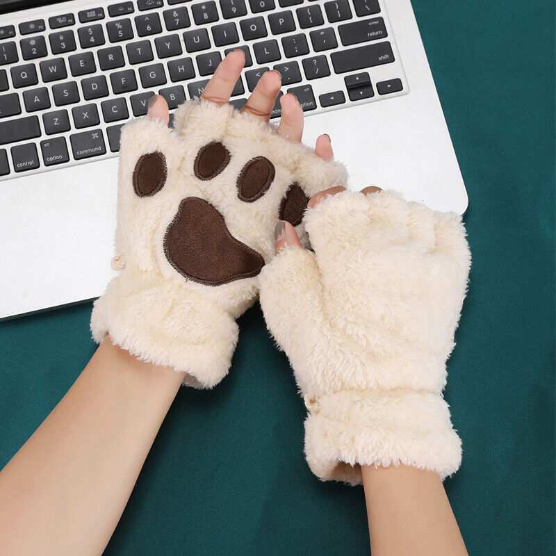 Women’s Cat Paw Fingerless Mittens – Cute & Warm Bear Claw Winter Gloves for Cosy Comfort