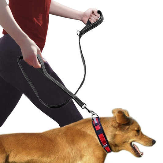 Pet Double Handle Pull Leash with Reflective Strip – Durable Nylon Leash with Metal Buckle and Extra Traction Options
